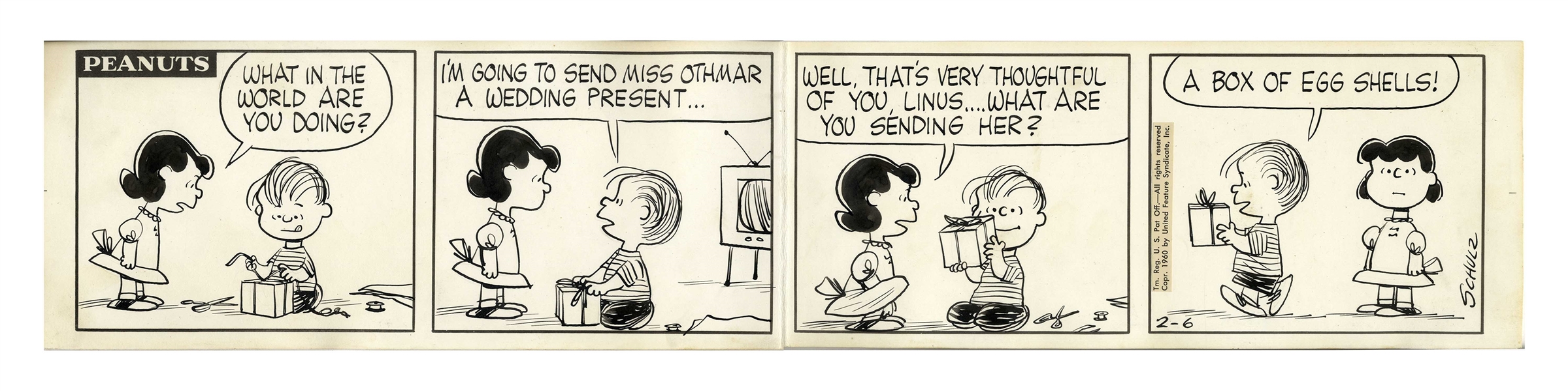 Charles Schulz Hand-Drawn ''Peanuts'' Comic Strip From 1960 -- Linus Gives Miss Othmar Her Wedding Present in This Famous Strip